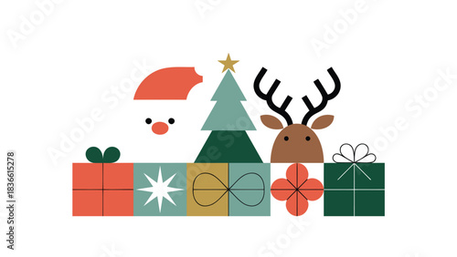 Whimsical flat design illustration of santa claus face reindeer and christmas tree surrounded by festive gift boxes and decorations