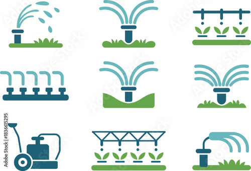 Irrigation system icons collection showing sprinklers, drip watering, agricultural irrigation equipment, garden watering tools, farming water supply vector illustration set