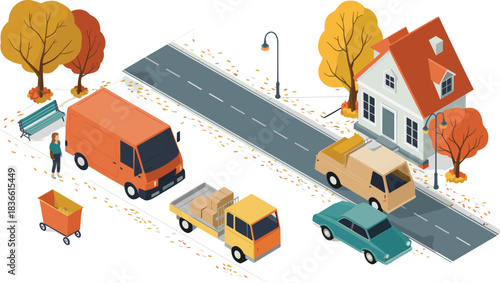 Isometric autumn neighborhood scene with delivery trucks, residential house, street road, parked vehicles, fall trees, packages, courier activity, urban transport