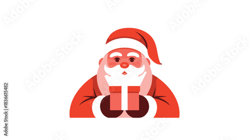 Cheerful santa claus character wearing a red suit and hat holding a wrapped gift box with a white background