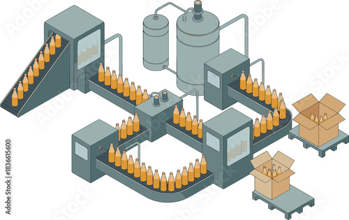 Isometric beverage factory production line with bottling machines, conveyor belts, storage tanks and packaging system in detailed industrial manufacturing illustration