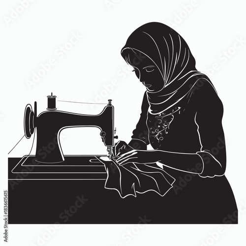 Woman in headscarf sewing on vintage sewing machine silhouette vector