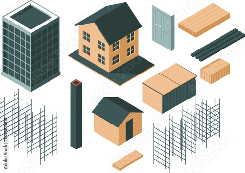 Isometric construction illustration featuring house, warehouse, scaffolding, steel beams, wooden planks, crates, door, and building materials for architectural design projects