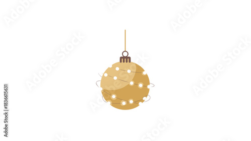 A single golden christmas ornament shaped like a pinecone adorned with tiny warm white fairy lights hanging on a white background