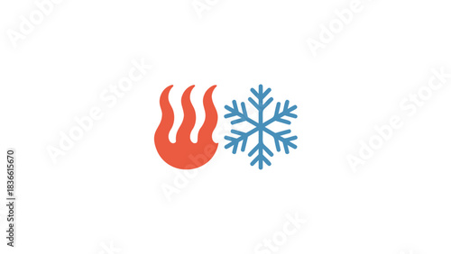 Symbolic representation of extreme temperature contrast with a stylized red flame and a blue snowflake isolated on a white background