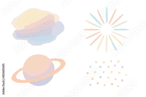 Colorful drawing of a planet, a star, and a cloud