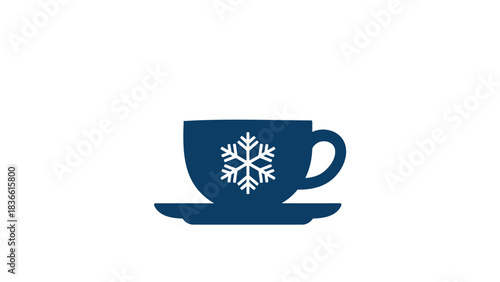 A simple dark blue silhouette of a coffee cup and saucer adorned with a white snowflake graphic on a clean white background