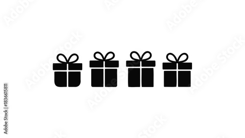 Four simple black silhouette gift boxes with ribbons and bows lined up on a white background