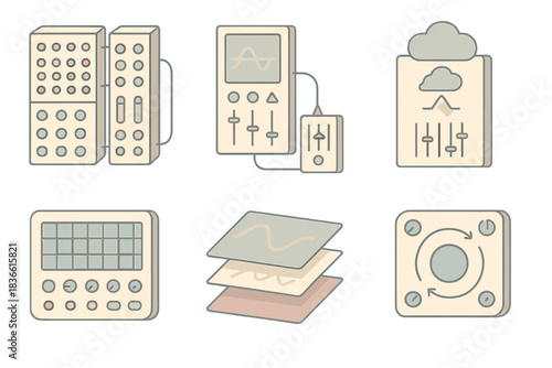 Set of electronic devices, including a keyboard, a mixer, and a CD player