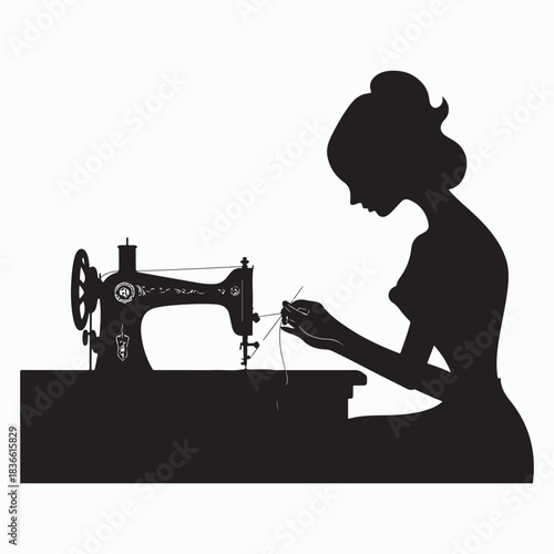 Silhouette of a woman sewing at a vintage sewing machine vector design