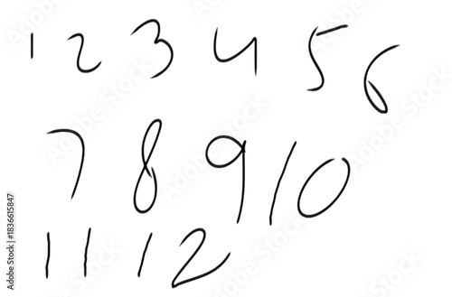 Handwritten numbers from one to twelve in black ink on a white background in a simple and clear style