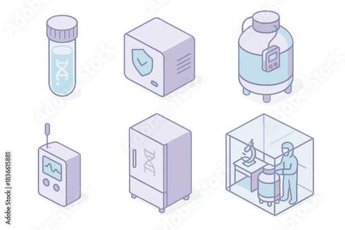 Set of six images of scientific equipment, including a refrigerator, a freezer