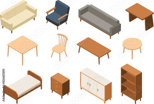 Isometric furniture illustration set featuring sofas, chairs, tables, bed, cabinet, dresser and bookshelf, modern home interior decor collection elements