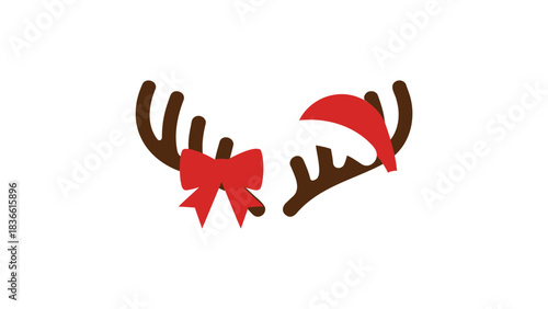 Festive christmas reindeer antlers adorned with a bright red bow and a santa hat creating a whimsical holiday accessory