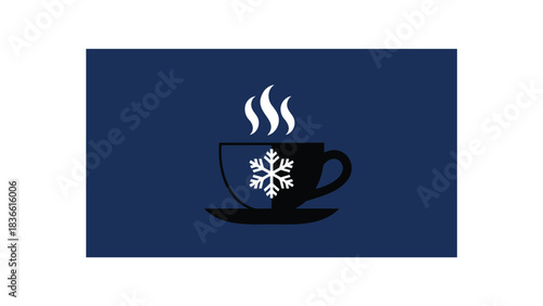 A steaming cup  mug with a glowing snowflake design sits on a dark surface against a deep blue background