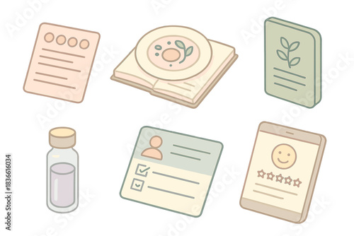 Set of icons for a computer program that includes a bottle, a book, a plate