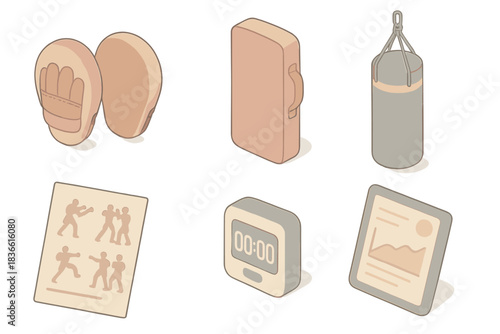 Collection of sports equipment including boxing gloves, a punching bag