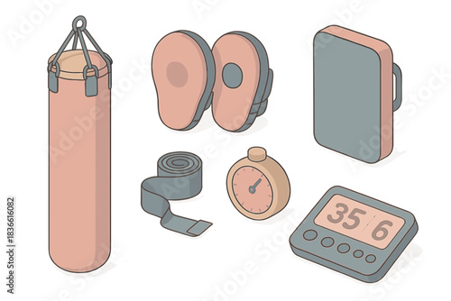 Collection of sports equipment including a punching bag, a stopwatch