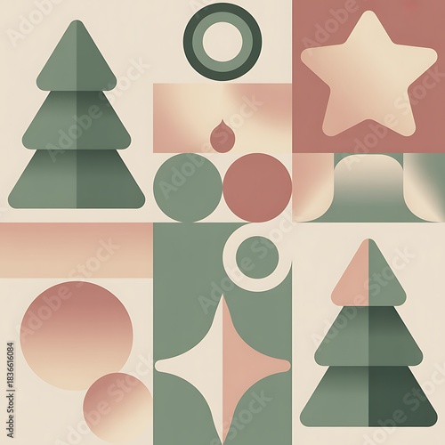 Geometric Christmas trees and stars in muted green and pink palette abstract pattern