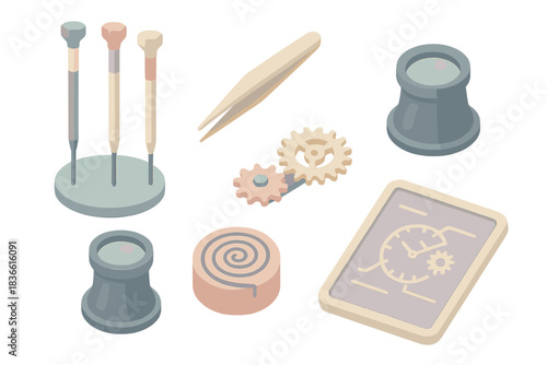 Collection of tools and gears, including a clock, a magnifying glass