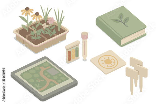 Book with a green cover sits on a table next to a tablet and a plant