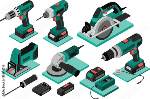 Isometric illustration of cordless power tools set for construction and woodworking, drill, saw, grinder, sander, ideal for workshop equipment