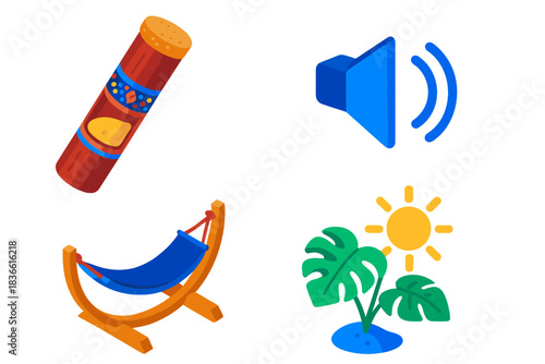Blue hammock is shown next to a green plant and a yellow sun