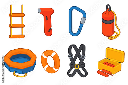 Set of cartoonish illustrations of various safety equipment