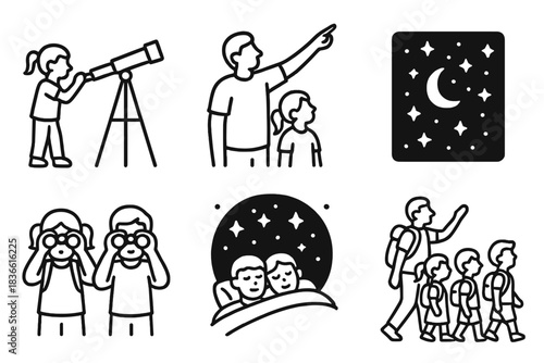 Series of black and white illustrations of children and adults