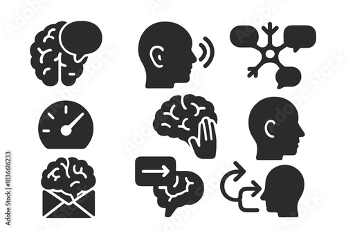 Set of six black and white icons that represent the brain and its functions