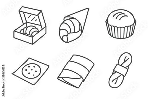 Series of food items including a donut, a cookie, a pastry, a pizza