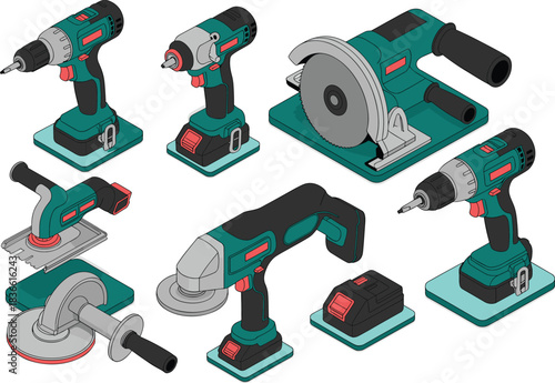 Isometric illustration of cordless power tools set for construction and woodworking, drill, saw, grinder, sander, ideal for workshop equipment