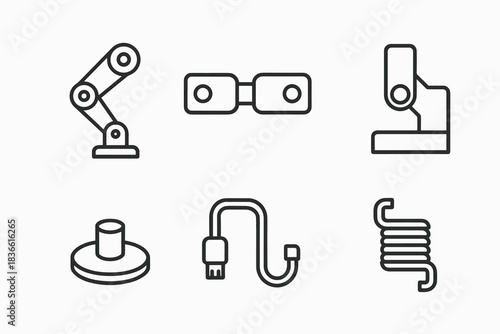 Set of six mechanical objects, including a wrench, a screwdriver