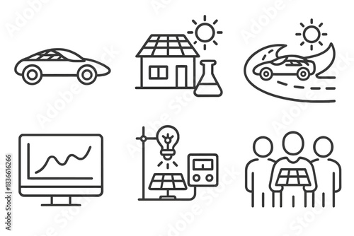 Series of icons depicting various aspects of modern life, including a car