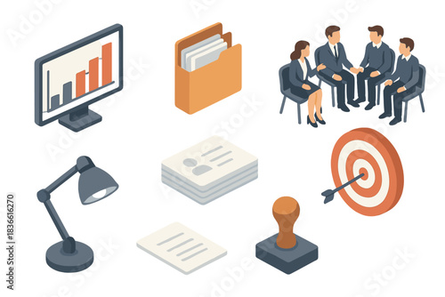 Group of people are sitting in a room with a computer monitor, a file cabinet