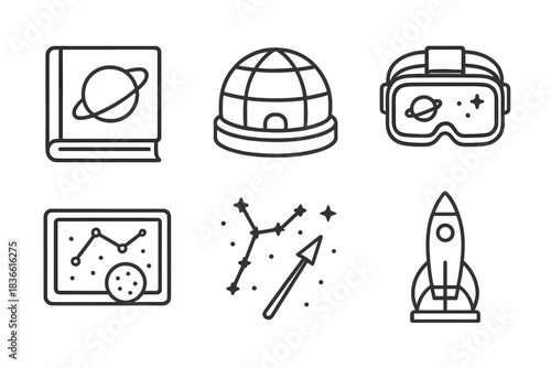 Set of six icons for space and technology