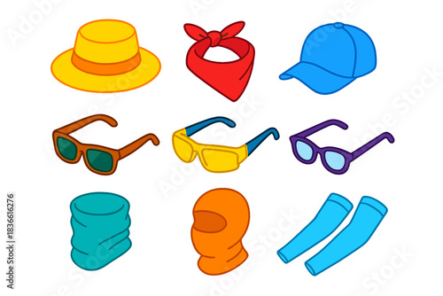 Collection of hats, sunglasses, and bandanas
