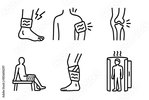 Series of drawings of people with injuries and medical equipment