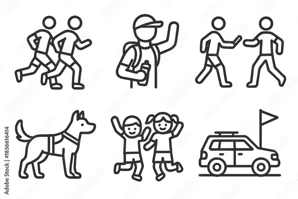 Naklejka premium Series of black and white illustrations of people and vehicles