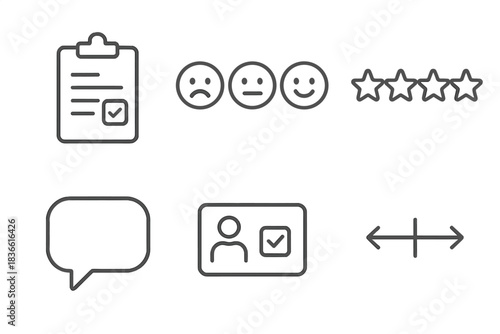 Series of icons including a smiley face, a star, a check mark, a check box