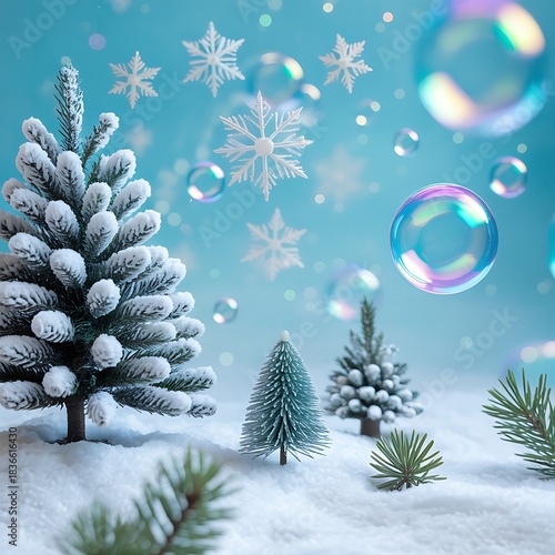 Frosted miniature pine trees with snowflakes and iridescent bubbles winter christmas