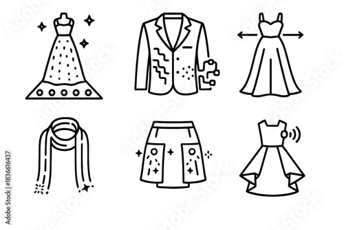 Set of clothing icons, including a dress, a jacket, a skirt, and a scarf