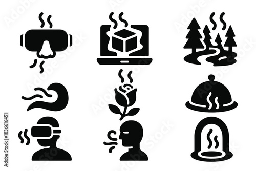 Series of black and white icons depicting various activities and objects