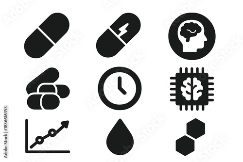 Set of icons for medicine, time, brain, and computer