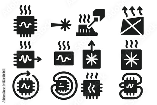 Series of black and white icons depicting various electronic components
