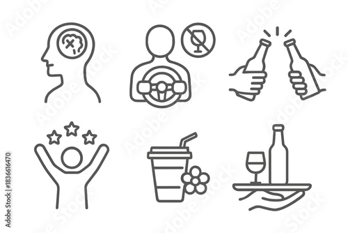 Series of icons that include a person with a car, a person with a drink