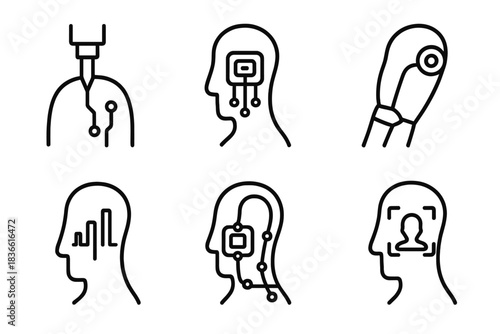 Series of six images of people with various head designs