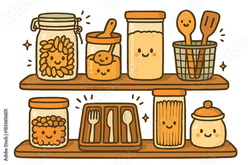 Cartoonish shelf with a variety of food items and utensils