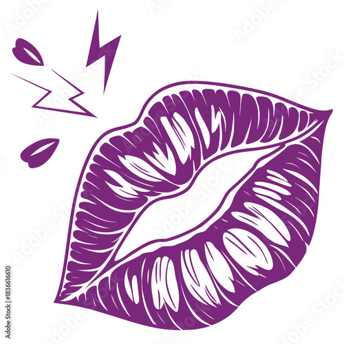 Vector illustration stylized purple drawing of a pair of lips with a lightning bolt and small kiss marks