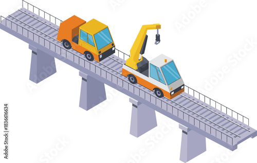 Isometric illustration of railway maintenance vehicle towing car on elevated track, rail bridge scene, transportation repair concept, 3D vector design